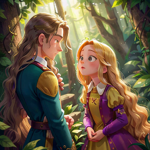 a man and a woman standing in the woods looking at each other and talking to each other, with the woman's hair blowing in the wind