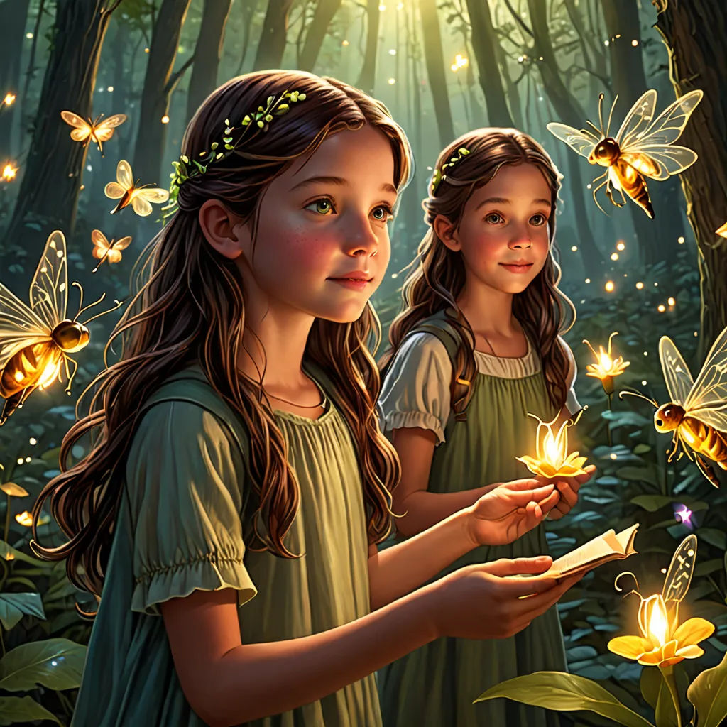two girls in a forest holding a lit candle in their hands and butterflies flying around them, with a light shining on the ground, Brad Kunkle, fantasy art, a storybook illustration, fireflies