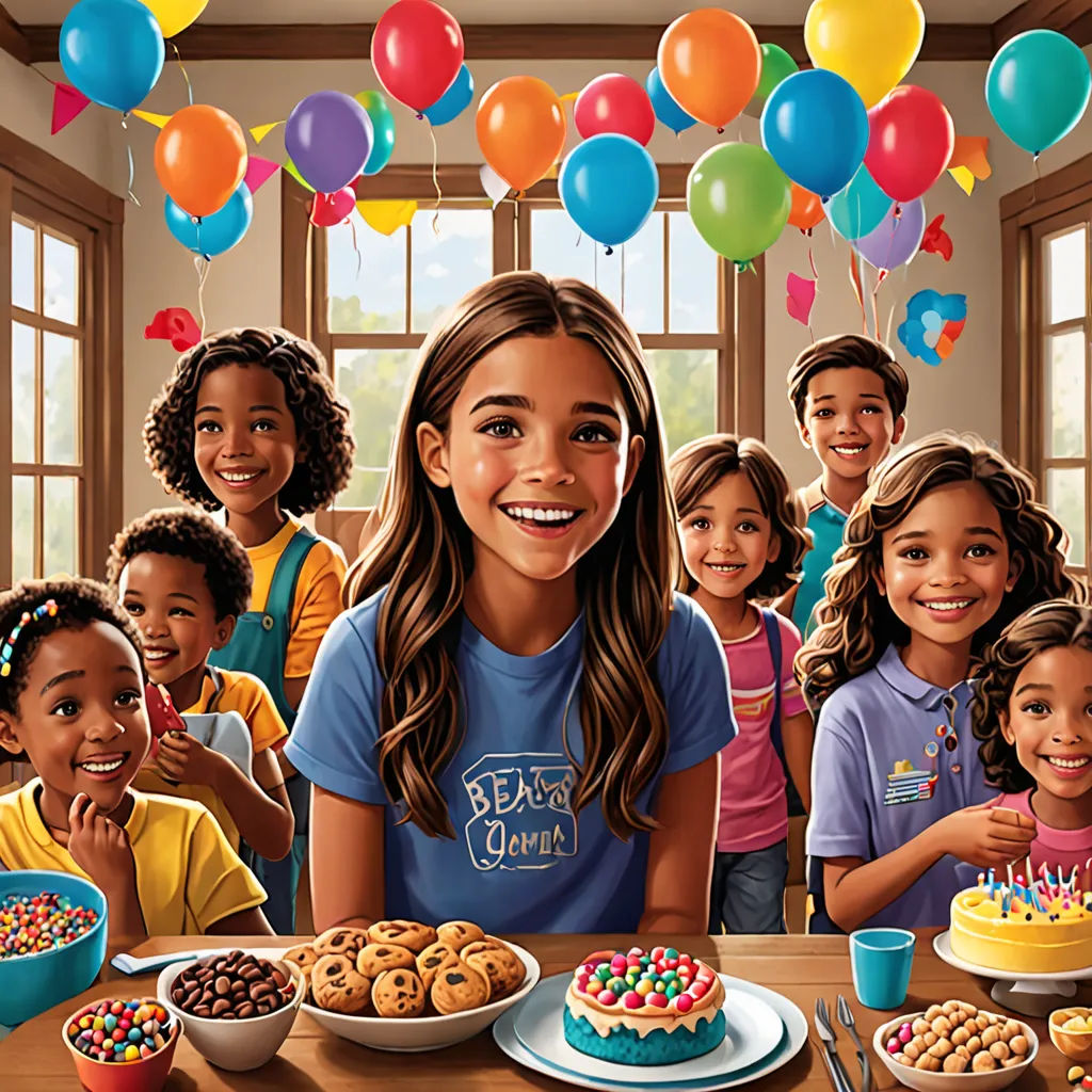 a painting of a girl surrounded by her birthday party friends and cake with balloons in the background and balloons in the air, Chris LaBrooy, photorealism, a storybook illustration, promotional image