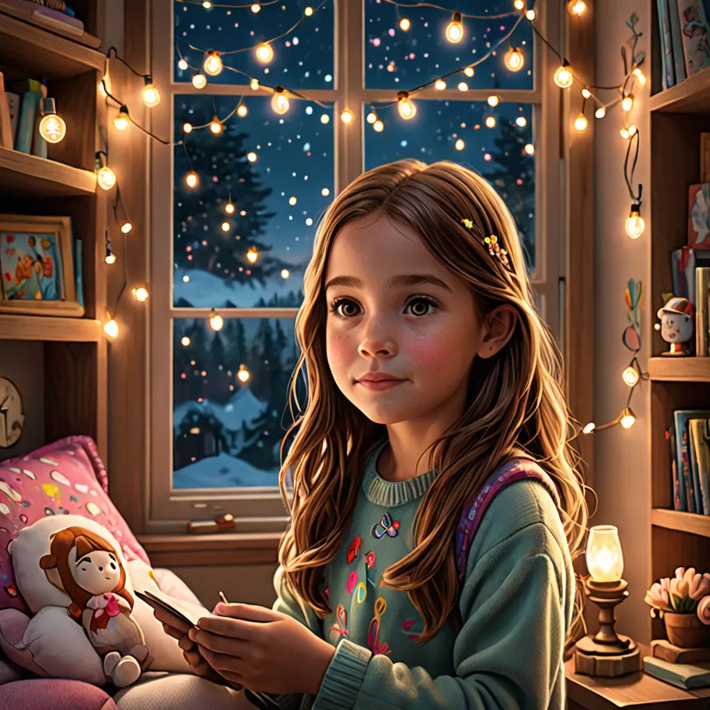 a little girl sitting in a room with a teddy bear and a window with christmas lights on it and a teddy bear, Chris LaBrooy, fantasy art, a storybook illustration, highly detailed digital painting