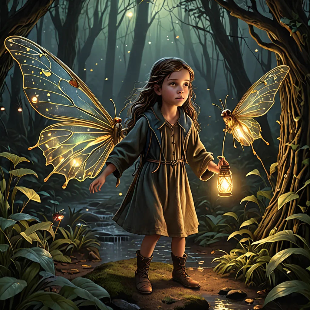 a little girl holding a light in a forest with a butterfly on her arm and a light in her hand, Anne Stokes, fantasy art, a storybook illustration, fireflies