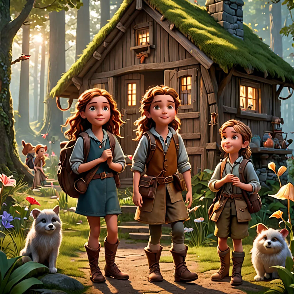 a group of children standing in front of a house in the woods with a dog and cat nearby on a path, Anne Said, fantasy art, a storybook illustration, official art