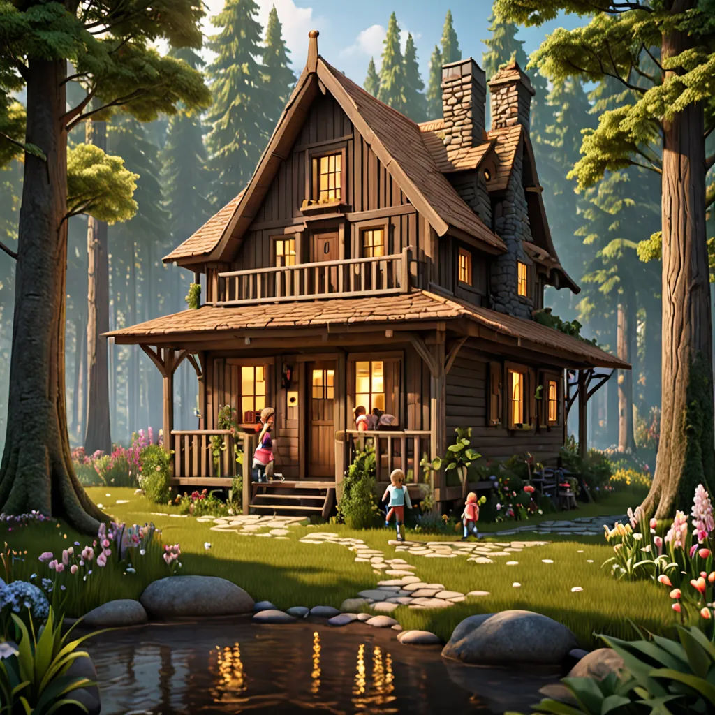 a painting of a cabin in the woods with a pond and people in the yard outside of it and a pond in front of it, Chris LaBrooy, photorealism, a digital rendering, cgstudio