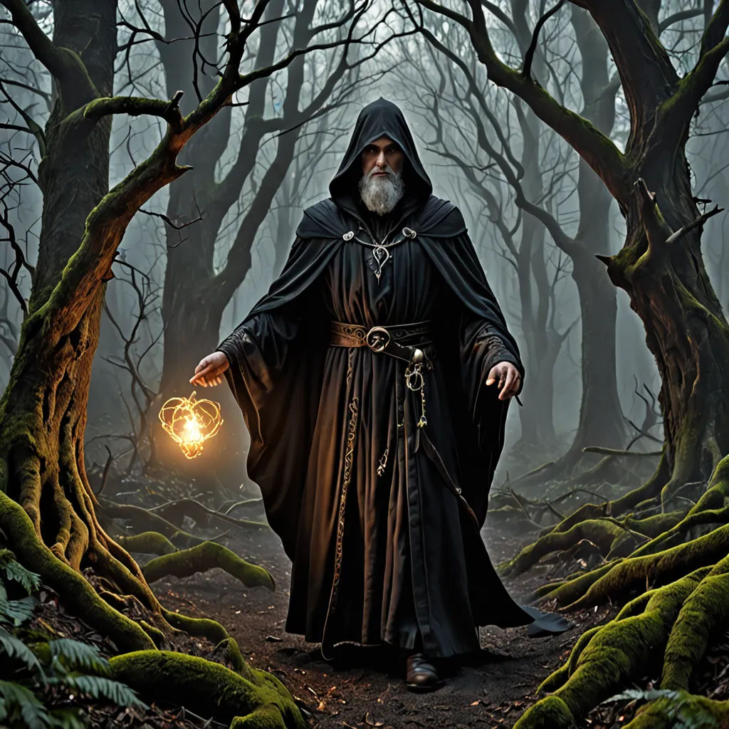 a wizard holding a glowing orb in a forest with mossy trees and mossy ground, with a glowing orb in his hand, Dirk Crabeth, gothic art, a detailed matte painting, dark art