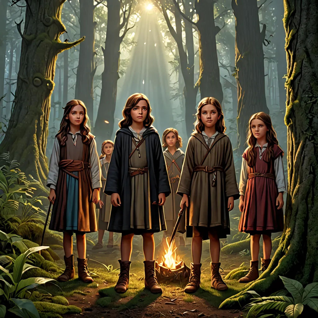 a group of children standing in a forest with a fire in the middle of the forest, surrounded by trees, Brothers Hildebrandt, antipodeans, a detailed matte painting, promotional image