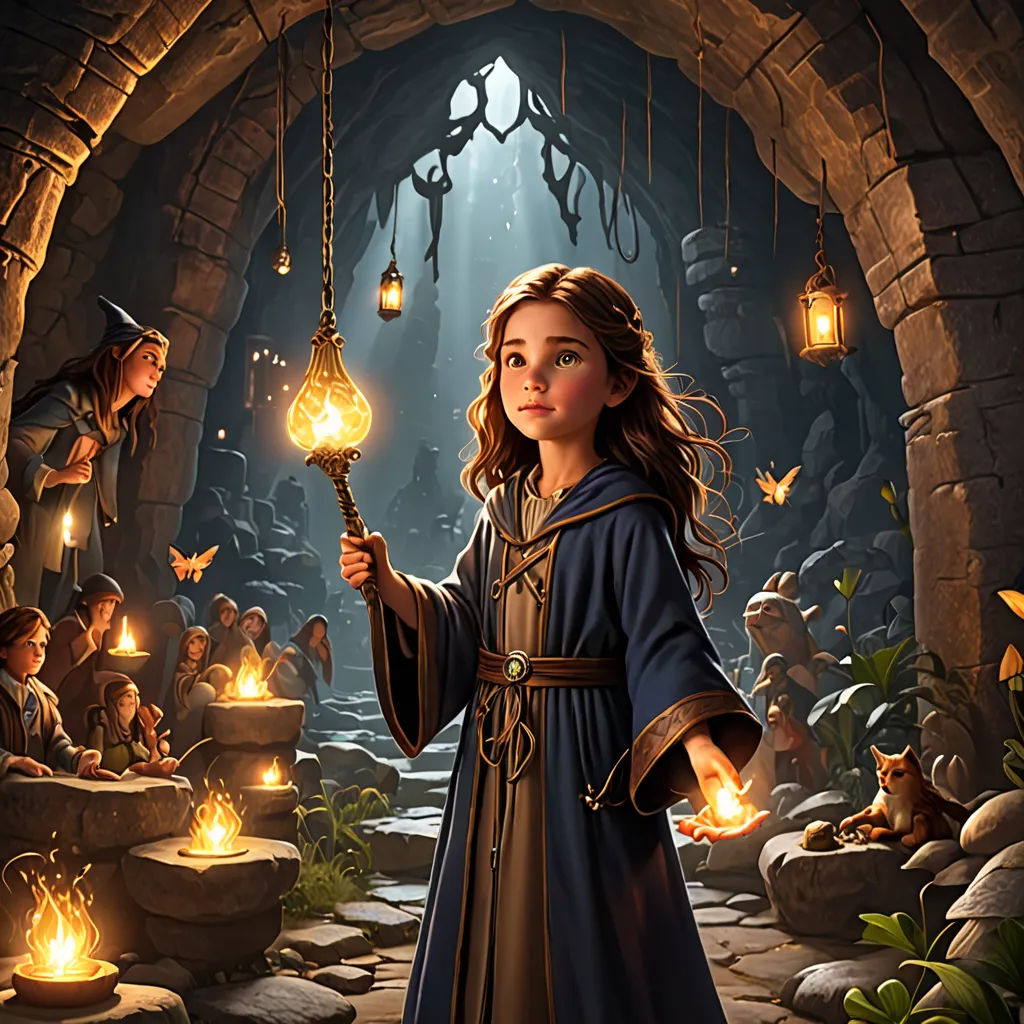 a painting of a young girl holding a lantern in a cave with other people around her and a fairy, Clint Cearley, fantasy art, a storybook illustration, fantasy artwork