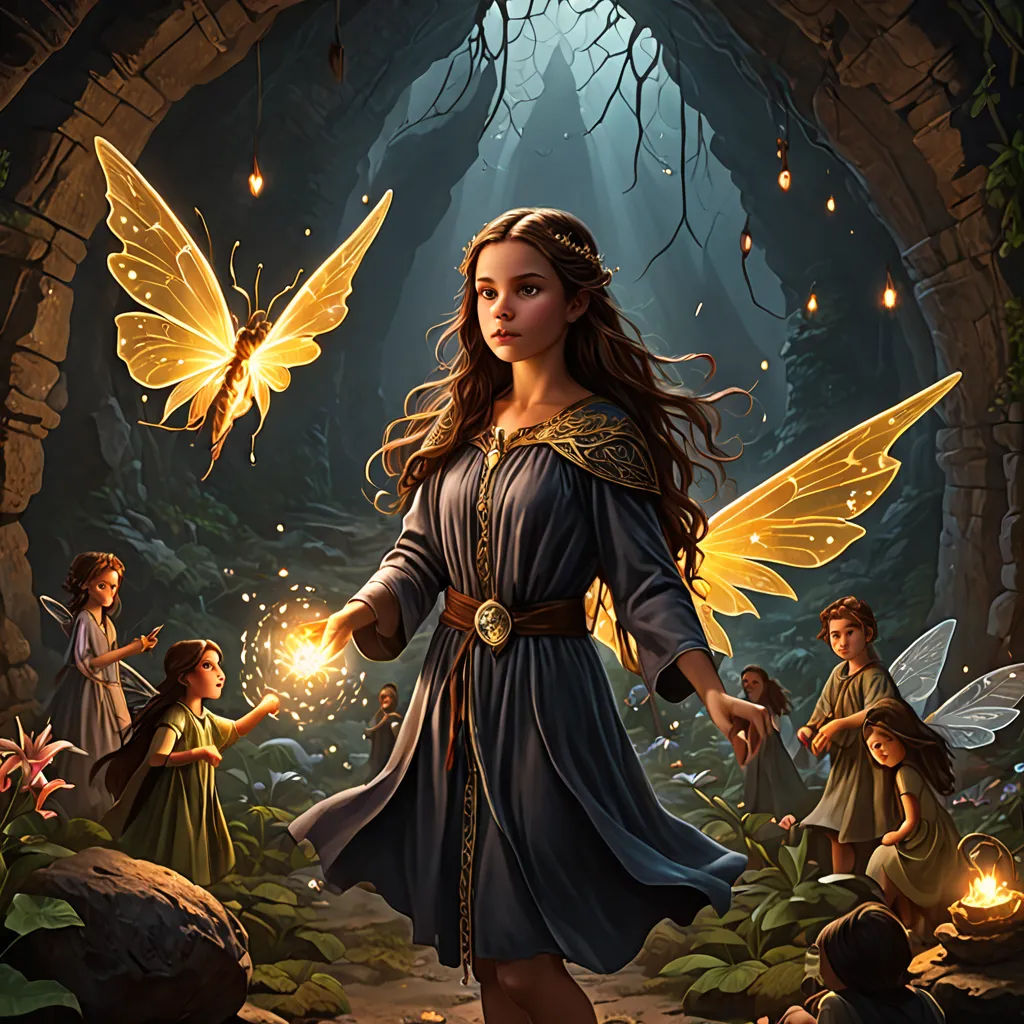 a painting of a woman holding a glowing firefly in a forest with other people around her and a fairy holding a glowing firefly, Anne Stokes, fantasy art, a storybook illustration, fantasy artwork