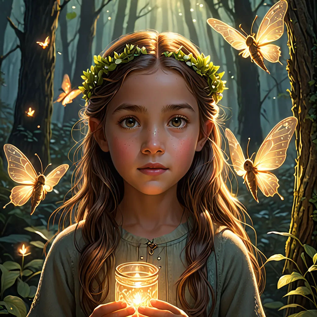 a girl holding a candle in a forest with butterflies around her head and a light in her hand in front of her, Brad Kunkle, fantasy art, an oil painting, fireflies