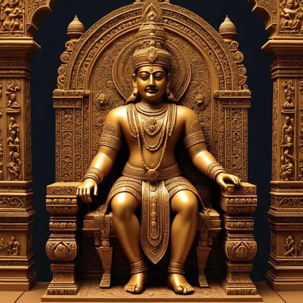 a golden statue of a seated buddha in a temple setting with a blue background and a black backdrop behind it, samikshavad, a bronze sculpture, Bholekar Srihari, 3 d model