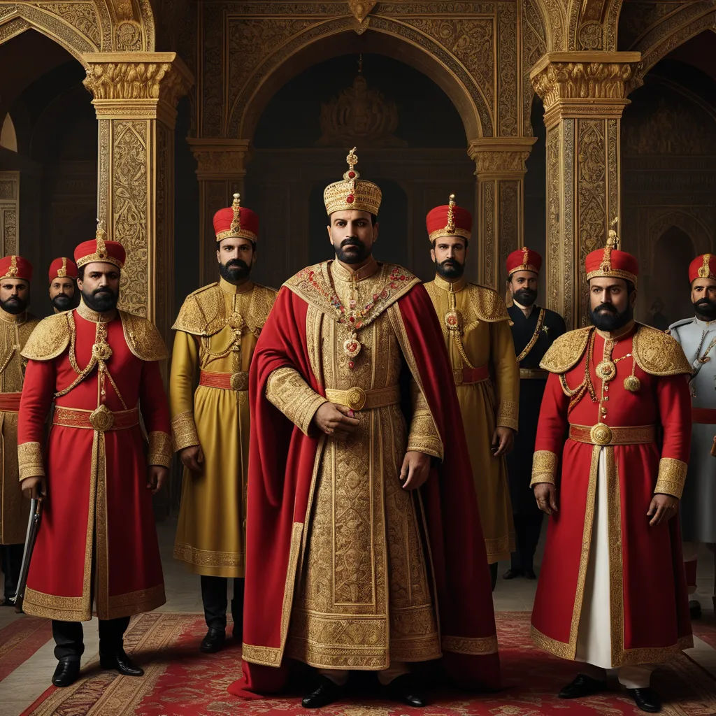 a group of men in red and gold outfits standing in a room with a red carpet and a gold and white rug, qajar art, a detailed matte painting, Altoon Sultan, promotional image