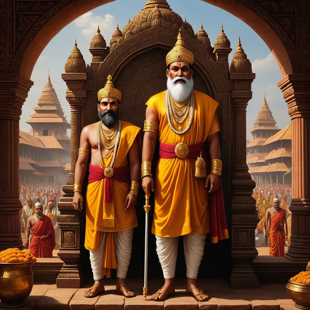 two men in yellow outfits standing in front of a doorway with a white beard and white beard and wearing gold jewelry, samikshavad, a detailed matte painting, Bholekar Srihari, highly detailed digital painting