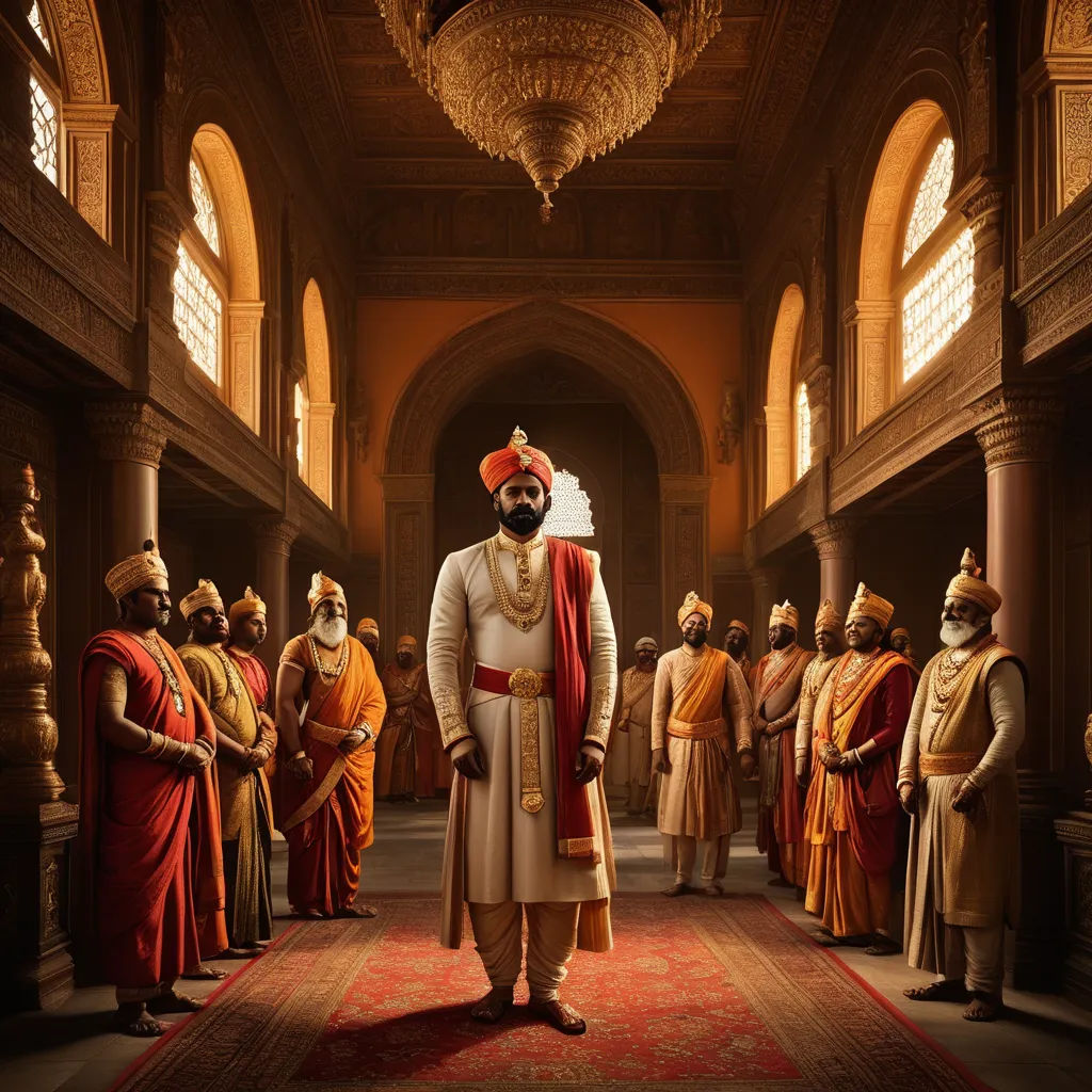 a man in a white outfit standing in a hallway surrounded by other men in orange and yellow outfits and a red shawl, samikshavad, a detailed matte painting, Bholekar Srihari, vfx