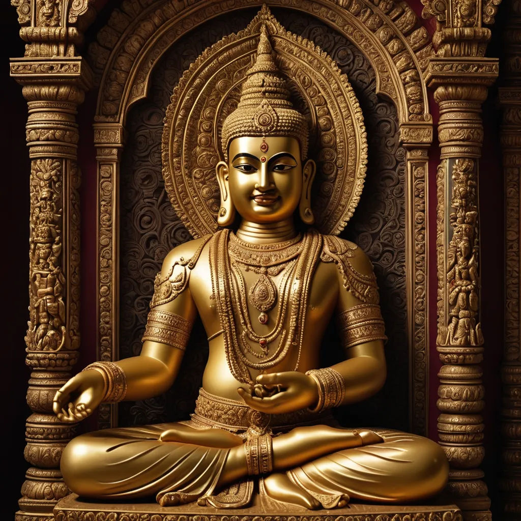 a golden buddha statue sitting in a room with a black background and a red wall behind it and a red door, samikshavad, a bronze sculpture, Bapu, highly detailed digital art