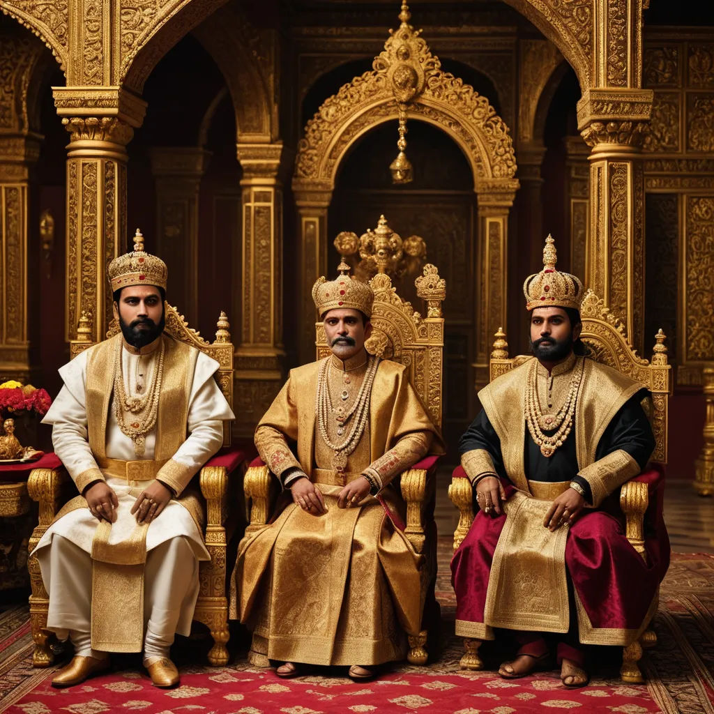 three men in gold and black sitting on gold thrones in a room with red carpet and gold decorations, samikshavad, a poster, Bholekar Srihari, promotional image