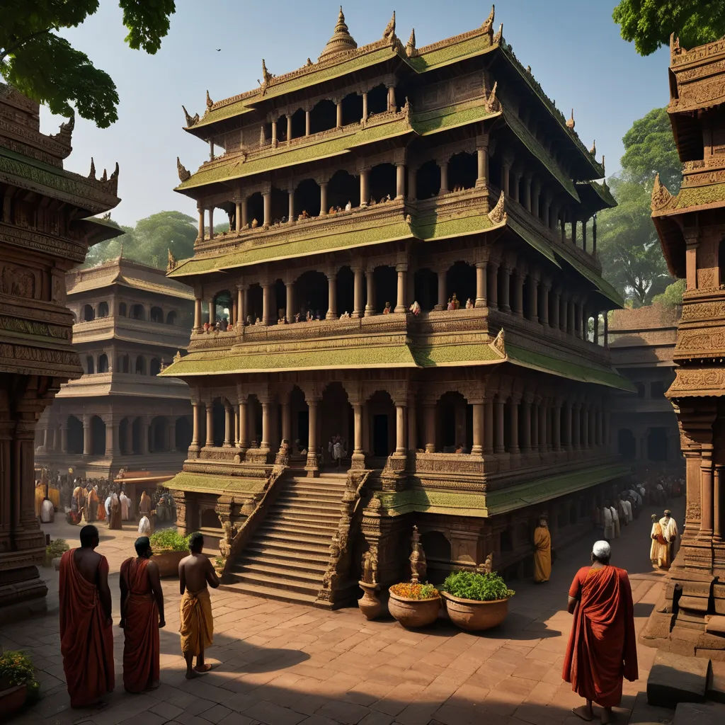 a group of monks standing in front of a tall building with a staircase leading to it and a third man standing in front of it, samikshavad, a detailed matte painting, Christophe Vacher, cinematic matte painting