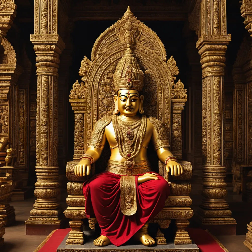 a golden statue of a person sitting on a throne in a room with columns and a red carpet on the floor, samikshavad, a bronze sculpture, Bholekar Srihari, path traced