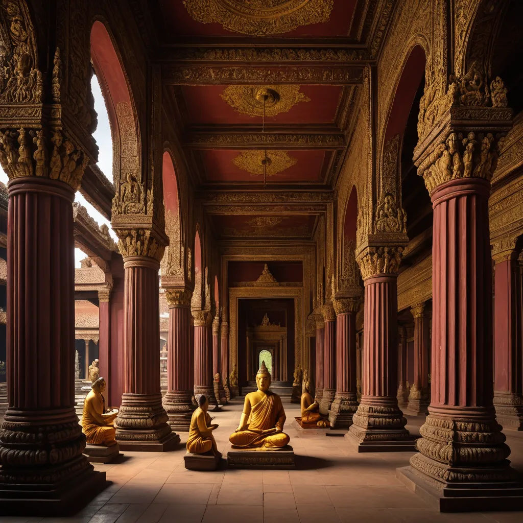 a group of buddha statues sitting in a room with columns and arches on either side of them, with a green statue in the middle, light and space, a tilt shift photo, Andrew Law, path traced