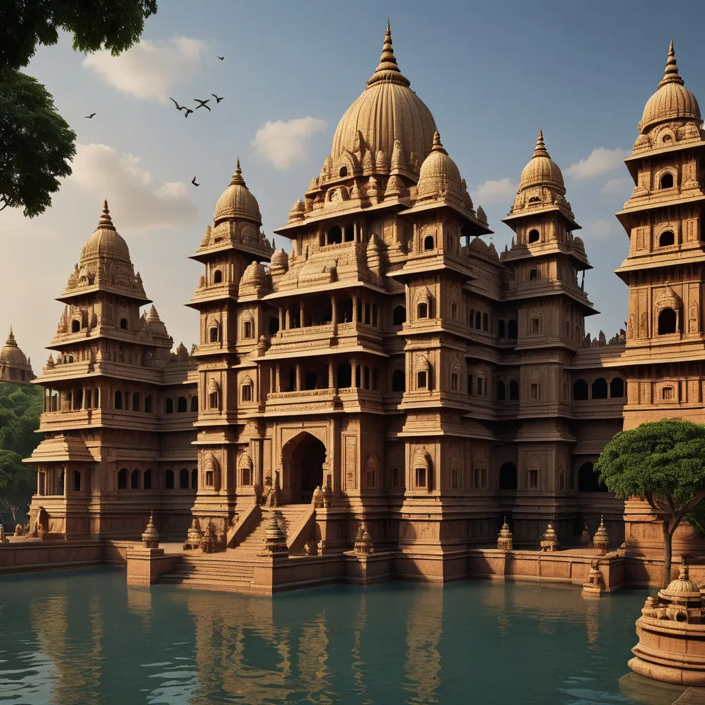 a large building with a pond in front of it and a bird flying over it in the sky above, bengal school of art, a detailed matte painting, Beeple, cinematic matte painting