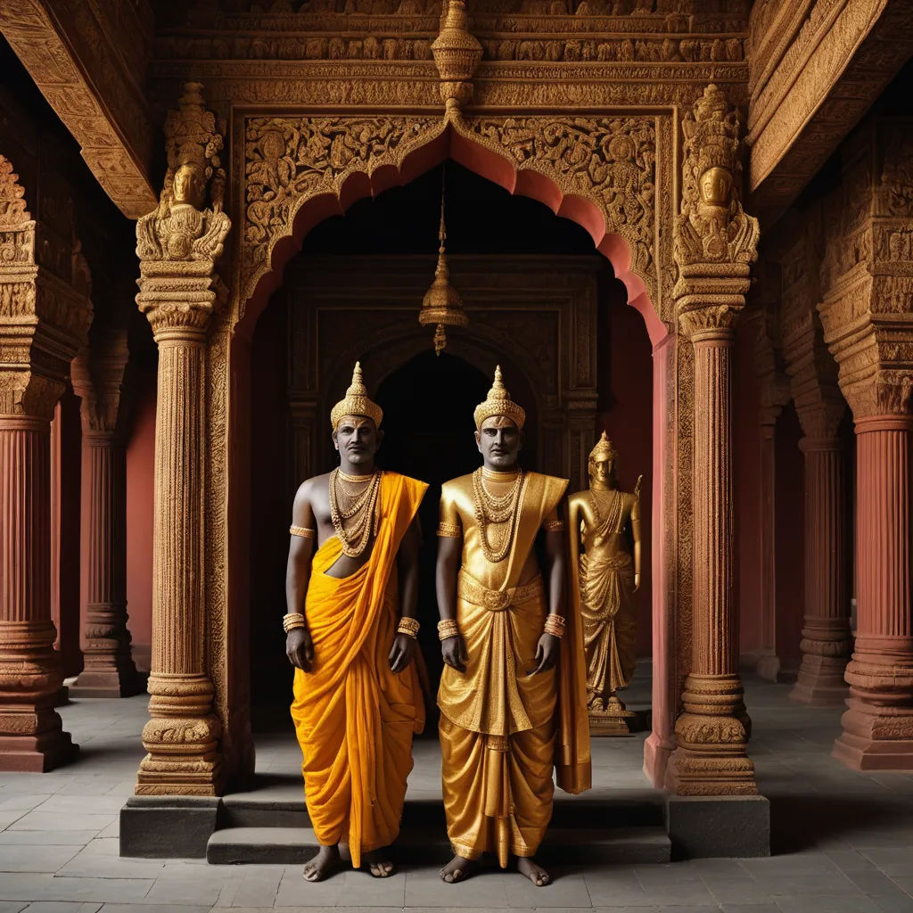 two statues of men in a temple with pillars and pillars around them, one of them is wearing a yellow sari, sumatraism, a detailed matte painting, Eric Deschamps, perfect symmetry