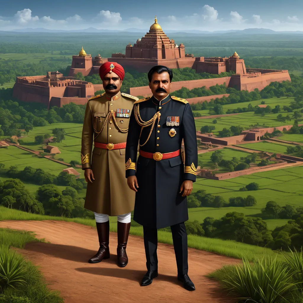 a painting of two men in military uniforms standing next to each other on a dirt road in front of a castle, serial art, a detailed matte painting, Chris LaBrooy, official art