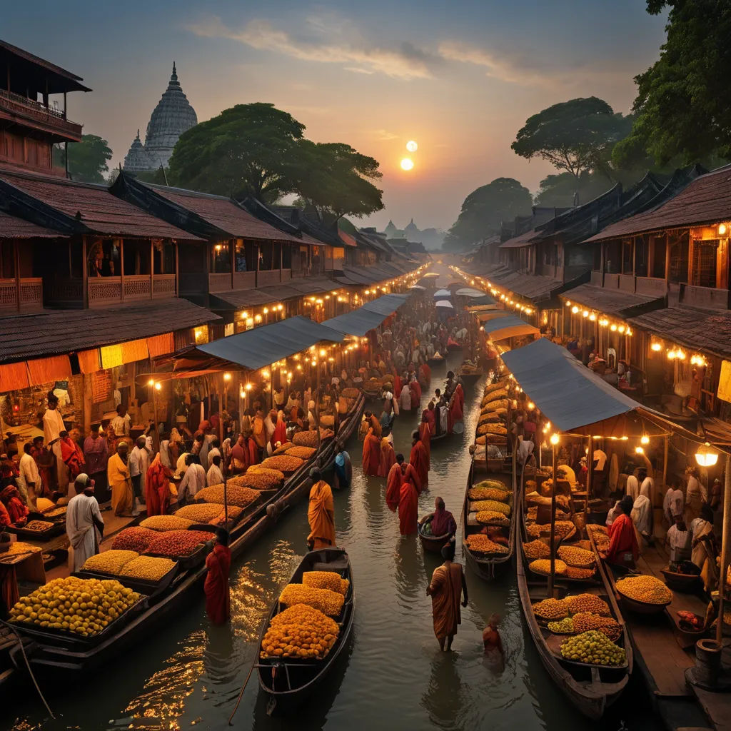 a group of people standing on a boat in a river next to a market area with many boats full of food, samikshavad, a detailed matte painting, Arie Smit, award-winning photograph