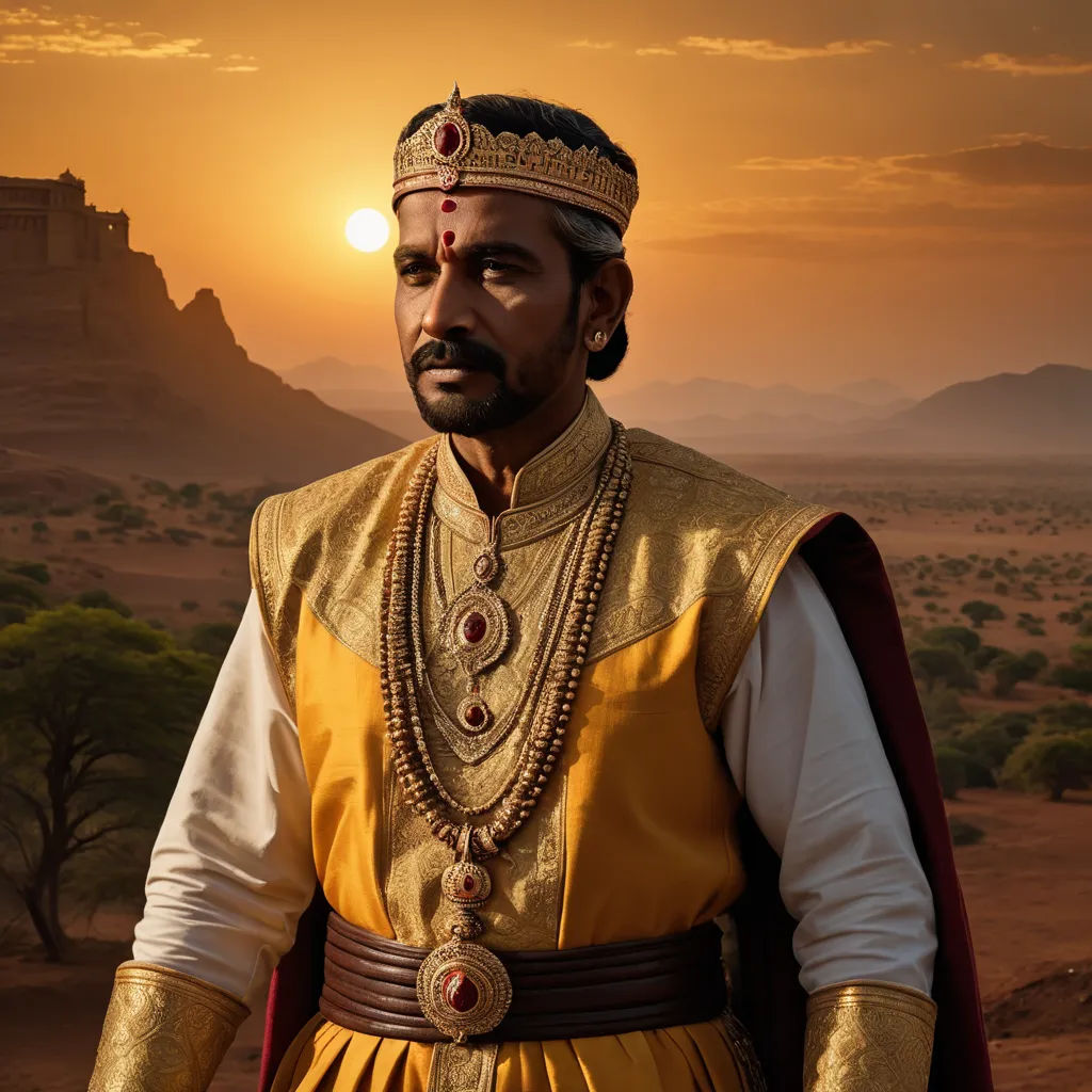 a man in a golden outfit standing in the desert at sunset with a desert landscape in the background and a castle in the distance, samikshavad, a detailed matte painting, Bholekar Srihari, promotional image