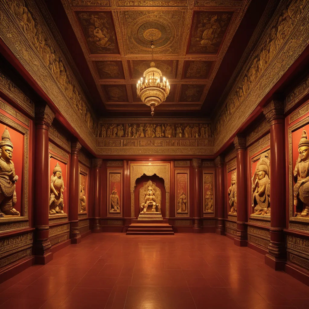 a room with a chandelier and statues on the walls and a chandelier hanging from the ceiling, bengal school of art, a detailed matte painting, Art & Language, path traced