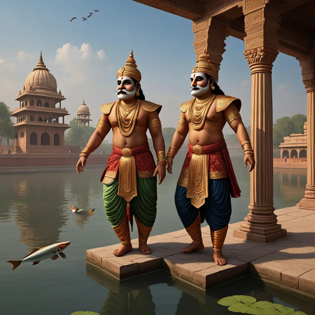 two men dressed in indian garb standing on a dock next to a lake with a fish in it, fantasy art, a detailed painting, Christophe Vacher, highly detailed digital painting