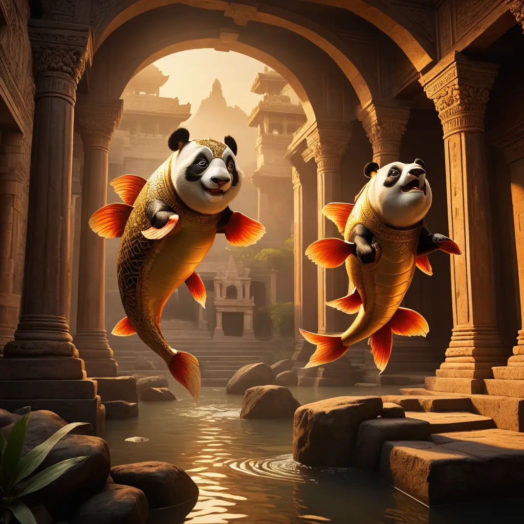 two panda bears are jumping into a pond of water with gold fish in their mouths and a panda bear is on top of the fish, fantasy art, computer graphics, Chris LaBrooy, splash art