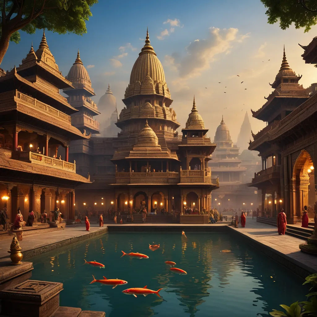 a large pond with gold fish in it in a courtyard of a building with a sky background and a few people standing around, fantasy art, a detailed matte painting, Christophe Vacher, cinematic matte painting