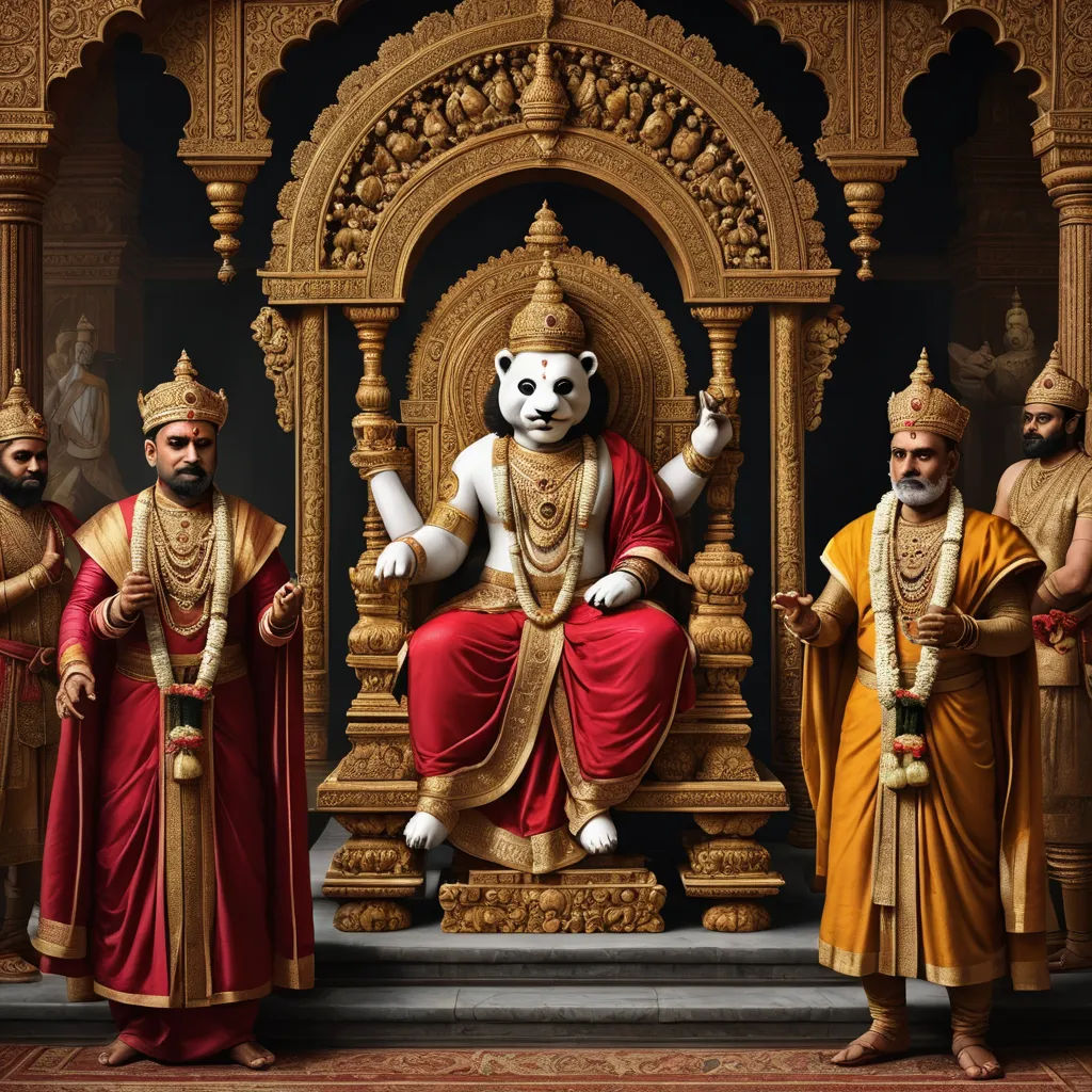a group of men standing next to a statue of a panda bear on a throne with other men in costume, furry art, a 3D render, Bholekar Srihari, trending on furaffinity