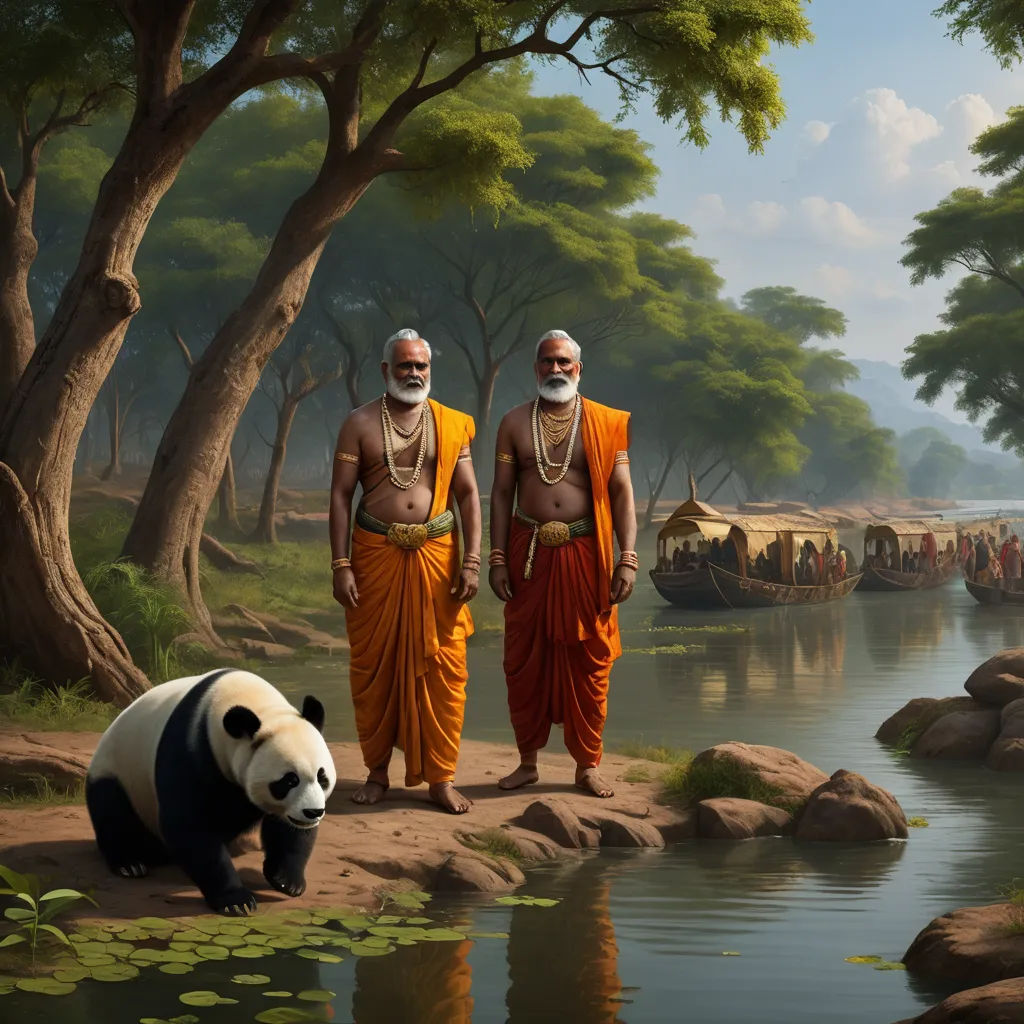 two men standing next to a panda bear near a river with a group of people in the background and a panda bear in the foreground, metaphysical painting, a detailed painting, Bholekar Srihari, highly detailed digital painting