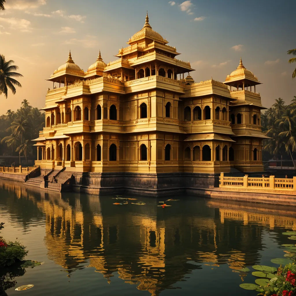 a large building sitting on top of a lake next to a forest filled with trees and a boat in the water, samikshavad, a detailed matte painting, Bholekar Srihari, cinematic matte painting