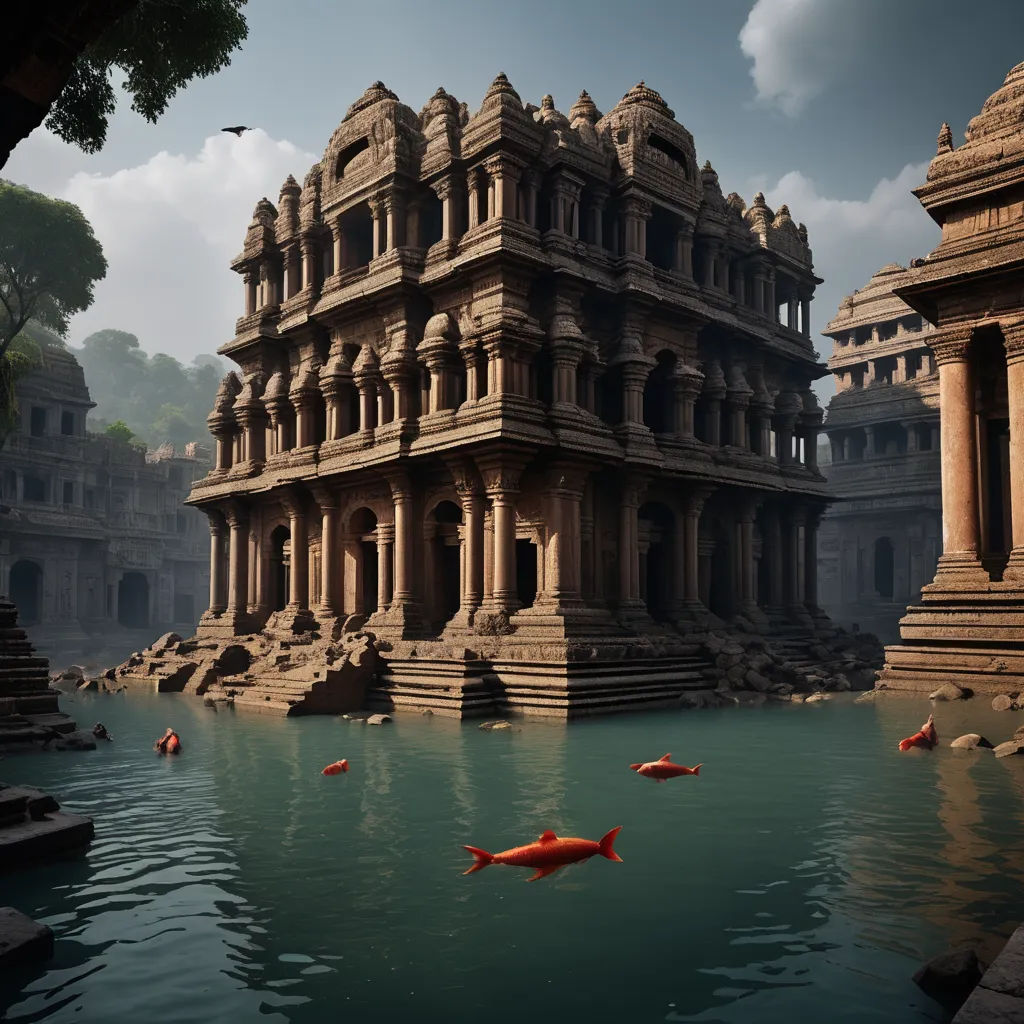 a large building with a fish swimming in the water in front of it and a few people in the water, fantasy art, a detailed matte painting, Beeple, unreal engine render