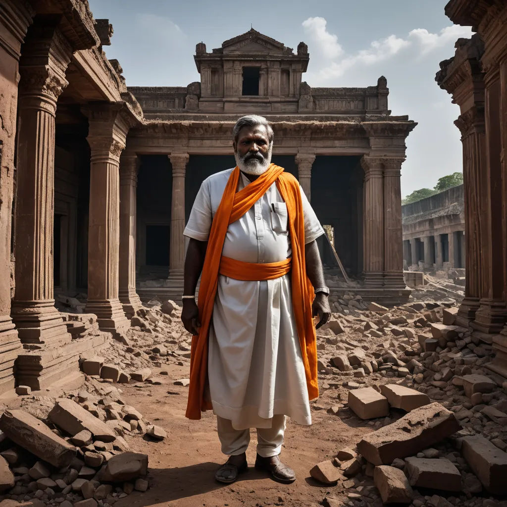 a man standing in a ruined building with a large orange scarf around his neck and a white shirt on, samikshavad, a character portrait, Bholekar Srihari, cinematic photography