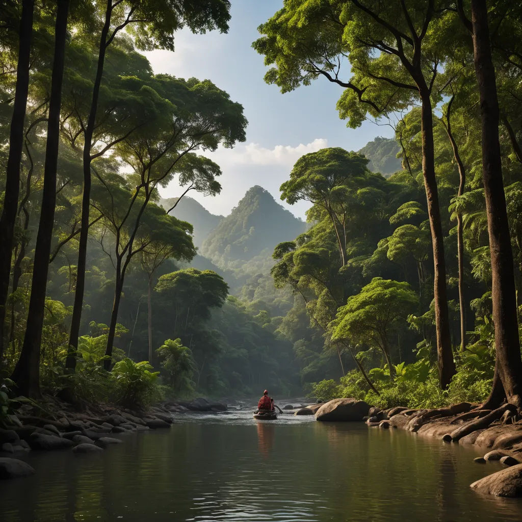a person in a boat on a river surrounded by trees and mountains in the distance, with a mountain range in the distance, naturalism, a matte painting, Chris LaBrooy, award-winning photograph