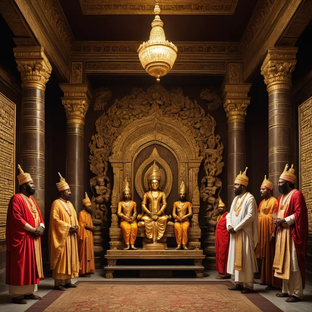 a group of men standing in front of a statue of buddhas in a room with columns and a chandelier, samikshavad, a detailed matte painting, Bholekar Srihari, promotional image