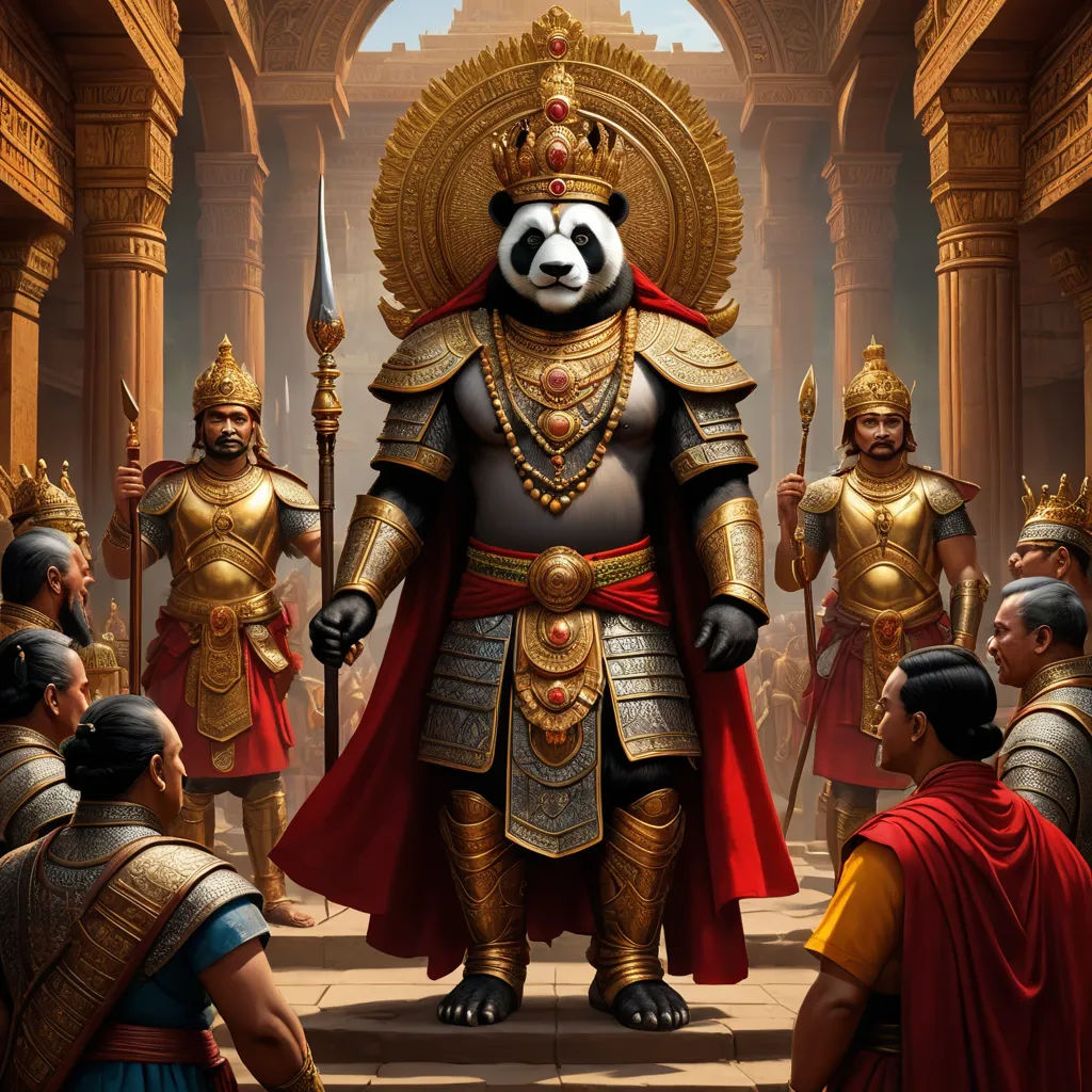 a panda bear dressed in a costume standing in front of a group of men in armor and holding swords, furry art, concept art, Art of Brom, trending on furaffinity