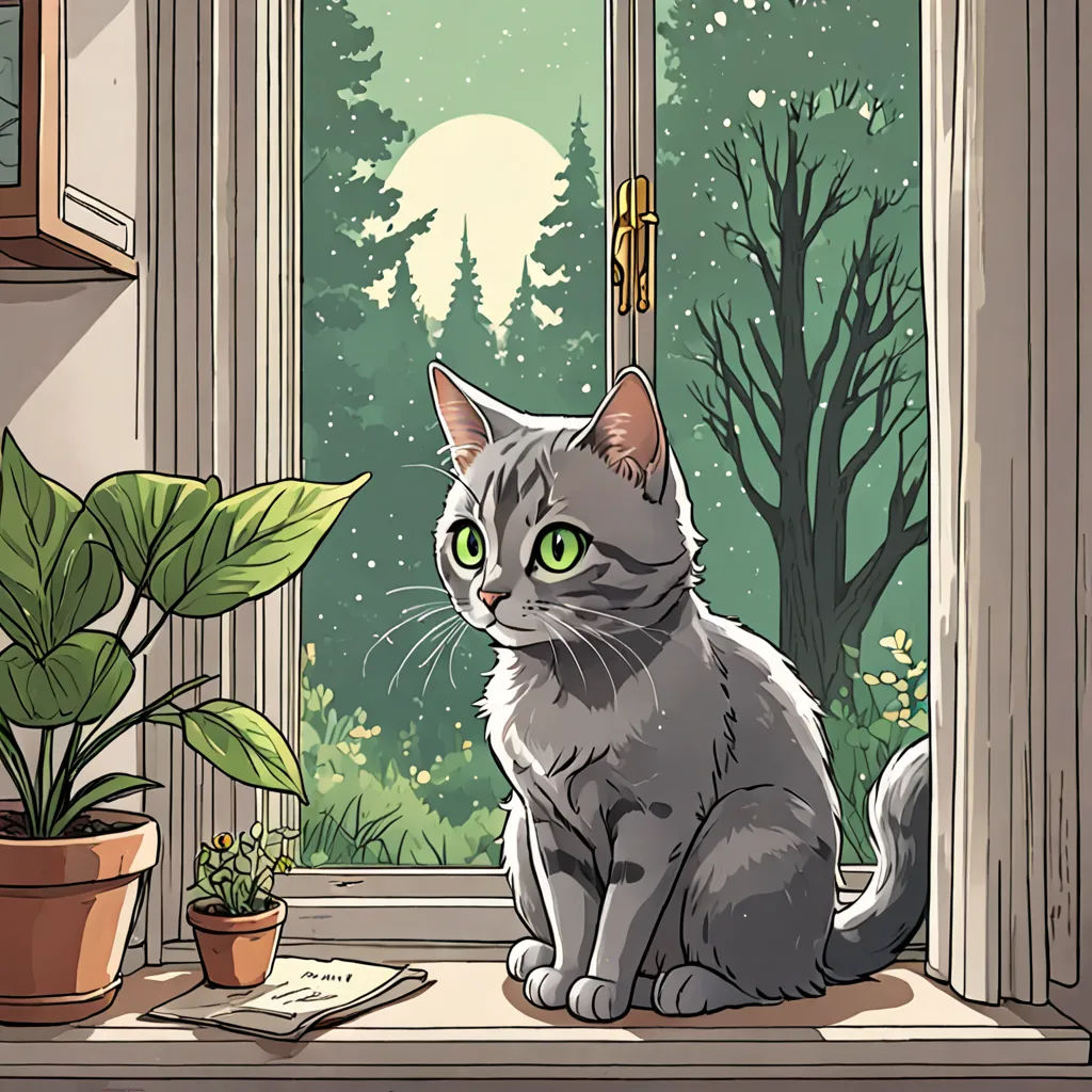 a cat sitting on a window sill looking out the window at the trees outside of the window and a potted plant, sots art, a storybook illustration, Atey Ghailan, storybook illustration