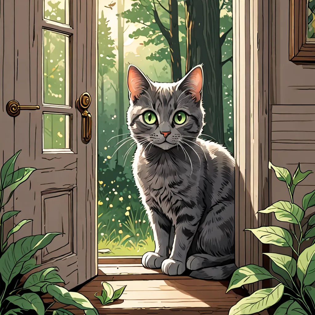 a cat sitting on a porch looking out the door of a house with a green forest in the background, fantasy art, a storybook illustration, Dan Mumford, rossdraws global illumination