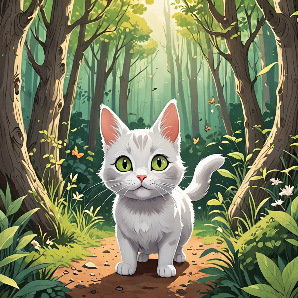 a white cat sitting in the middle of a forest with green eyes and a trail leading to it's entrance, sots art, a storybook illustration, Chris LaBrooy, official art