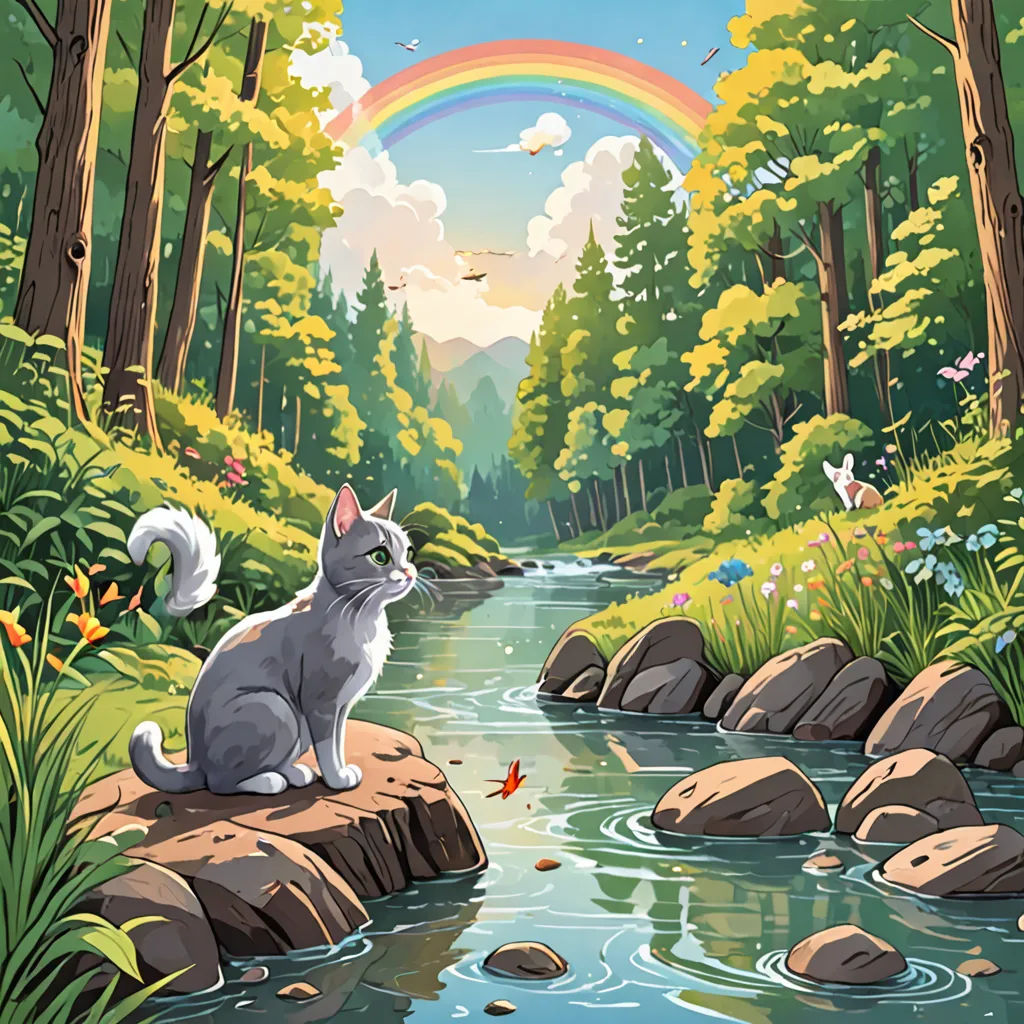 a cat sitting on a rock in a forest looking at a rainbow in the sky above it is a stream, fantasy art, a storybook illustration, Chris LaBrooy, rossdraws global illumination