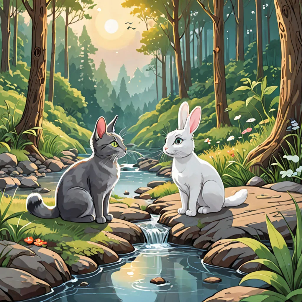 a cat and a bunny sitting on a rock in a forest by a stream of water with a waterfall, fantasy art, a storybook illustration, Alice Prin, official art