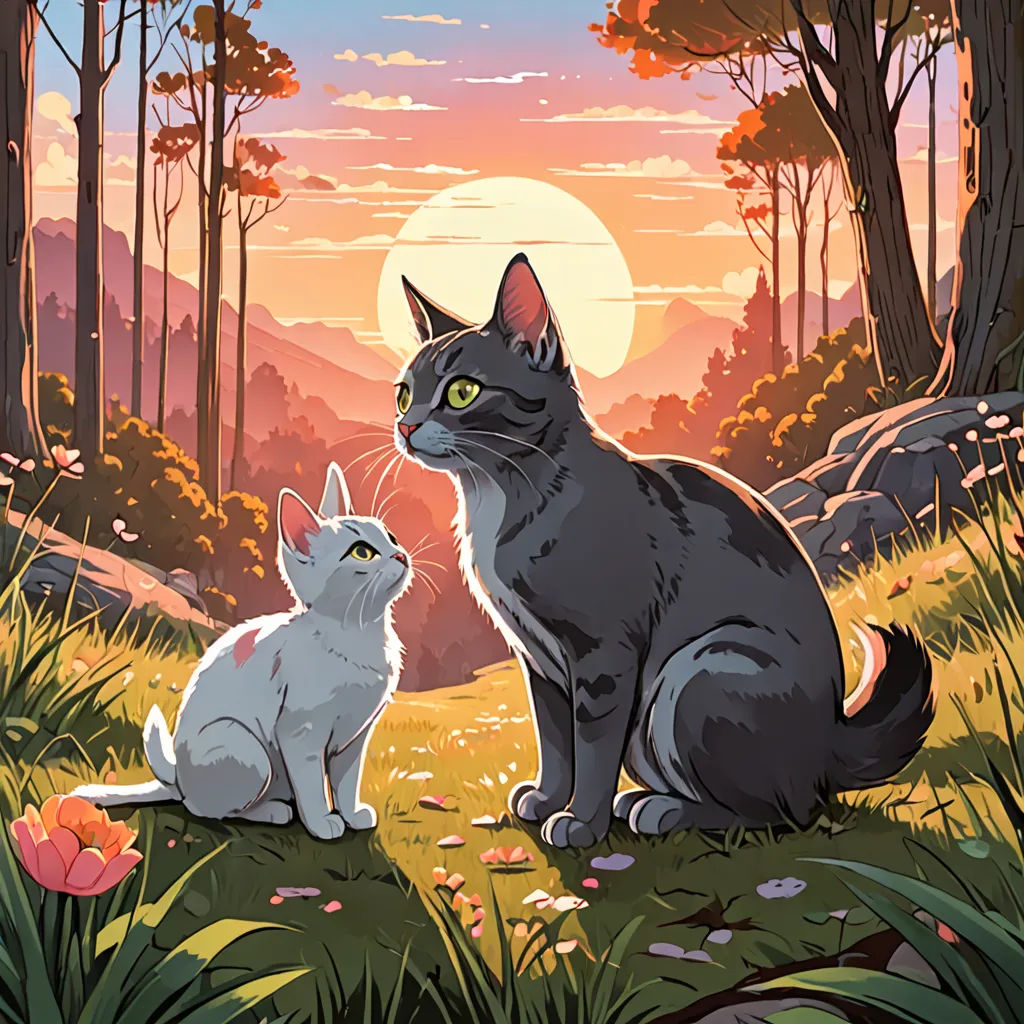 a cat and a cat sitting in the grass near a forest at sunset with a sun setting behind them, sots art, a storybook illustration, Dan Mumford, josan gonzales and dan mumford