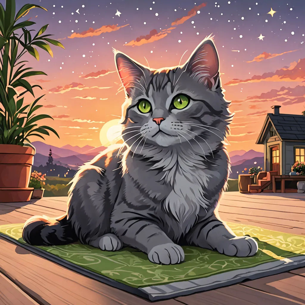 a cat sitting on a mat in front of a house at sunset with a house in the background and a potted plant in the foreground, sots art, a storybook illustration, Dan Mumford, rossdraws global illumination