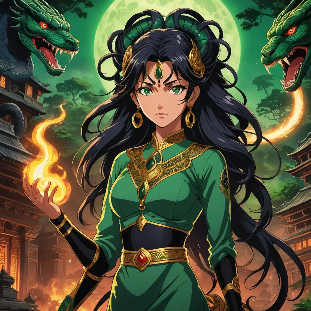 a woman in a green dress standing next to a dragon and a building with a full moon in the background, sots art, a character portrait, Anne Stokes, official art