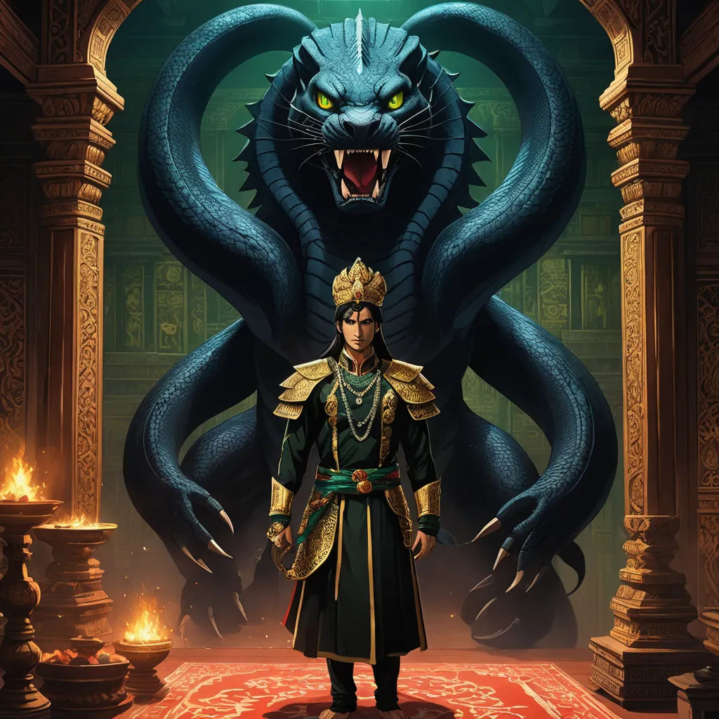 a man in a costume standing in front of a giant snake and a demon with a crown on his head, samikshavad, a storybook illustration, Anthony Devas, comic cover art