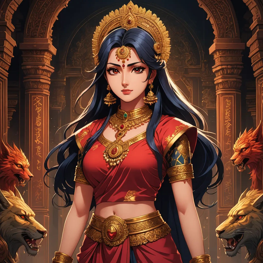 a woman in a red dress with a gold necklace and a wolf behind her, with a golden headpiece, fantasy art, a detailed painting, Ella Guru, epic fantasy character art
