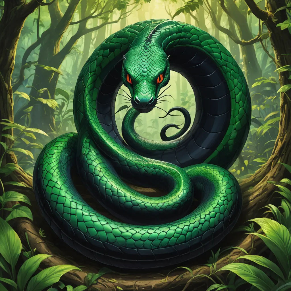 a green snake with red eyes in a forest with trees and leaves on the ground, with a green snake curled up in the middle of the snake's, cobra, a character portrait, Brom, green
