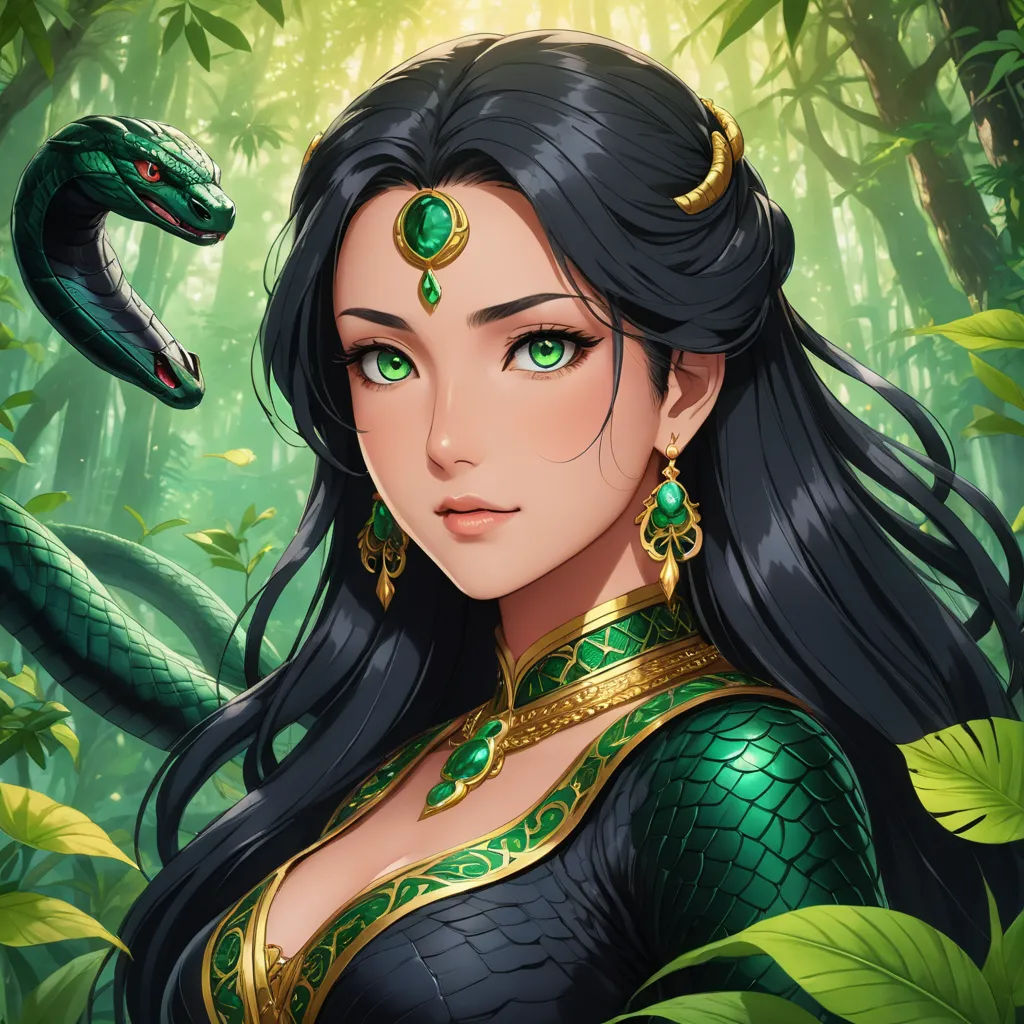a woman in a green dress with a snake on her shoulder and a snake on her shoulder, in front of a jungle background, fantasy art, a character portrait, Anne Stokes, fantasy character portrait